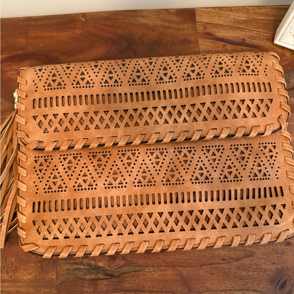 Tan Leather Cutout Clutch
